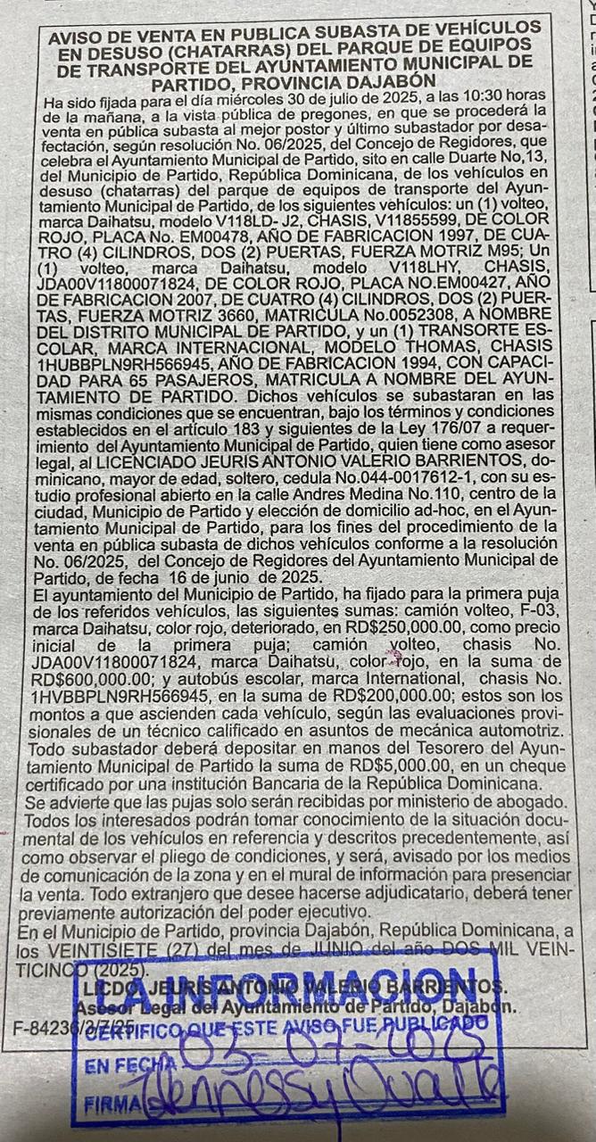 AVISO DE VENTA EN PÚBLICA SUBASTA DE VEHICULOS EN DESUSO DEL PARQUE DE EQUIPOS DE TRANSPORTE DEL AYUNTAMIENTO MUNICIPAL DE PARTIDO