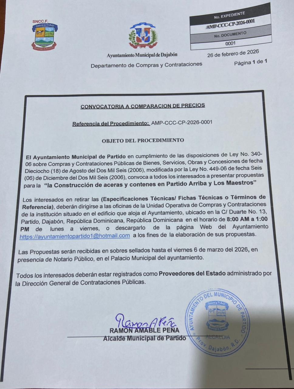 Convocatoria Licitación Publica por comparación de precios